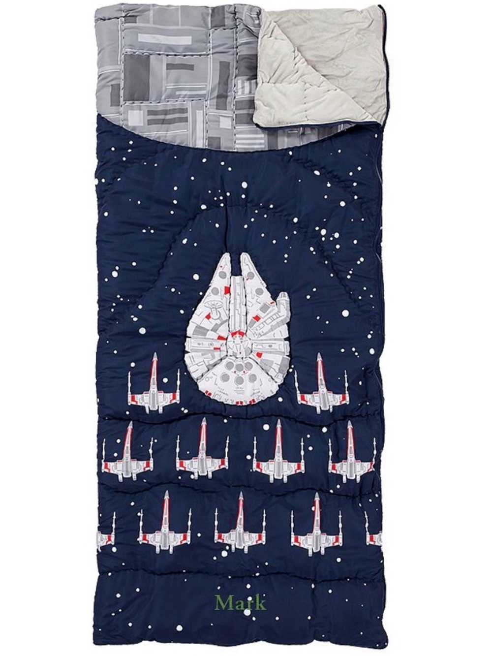Pottery Barn Kids Millennium Falcon Navy and Gray Plush Sleeping Bag